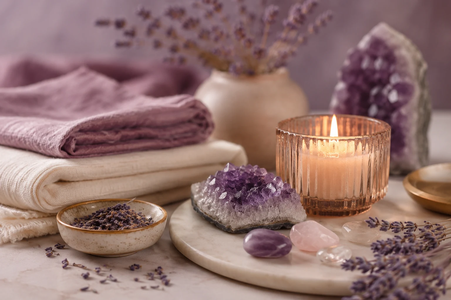 A serene still life with folded linens, candlelight, amethyst and lavender in soft mauve tones