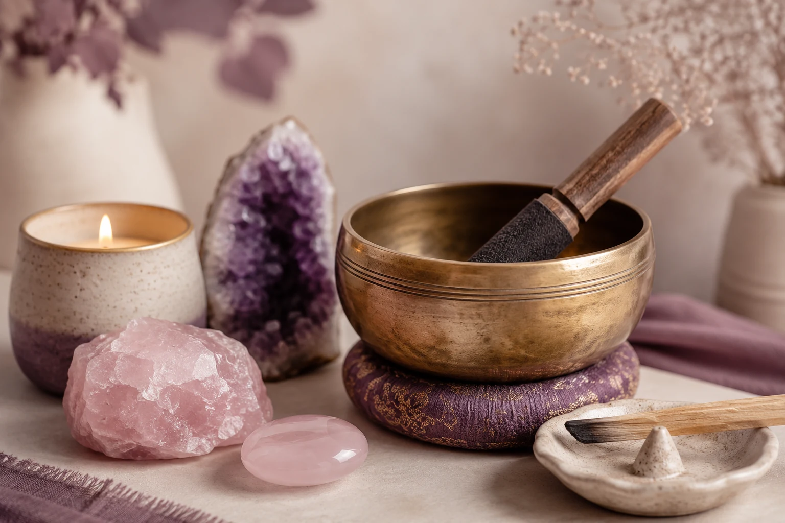 A softly lit altar scene with a singing bowl, crystals and candle in warm purple and gold tones