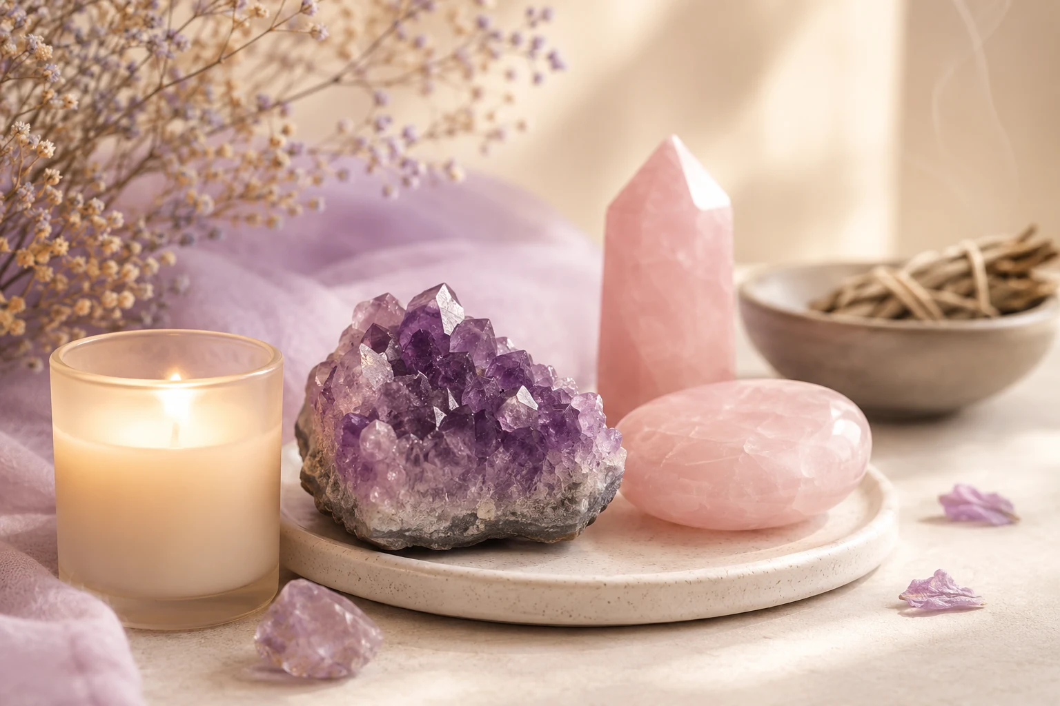 A Reiki-inspired crystal arrangement with candlelight