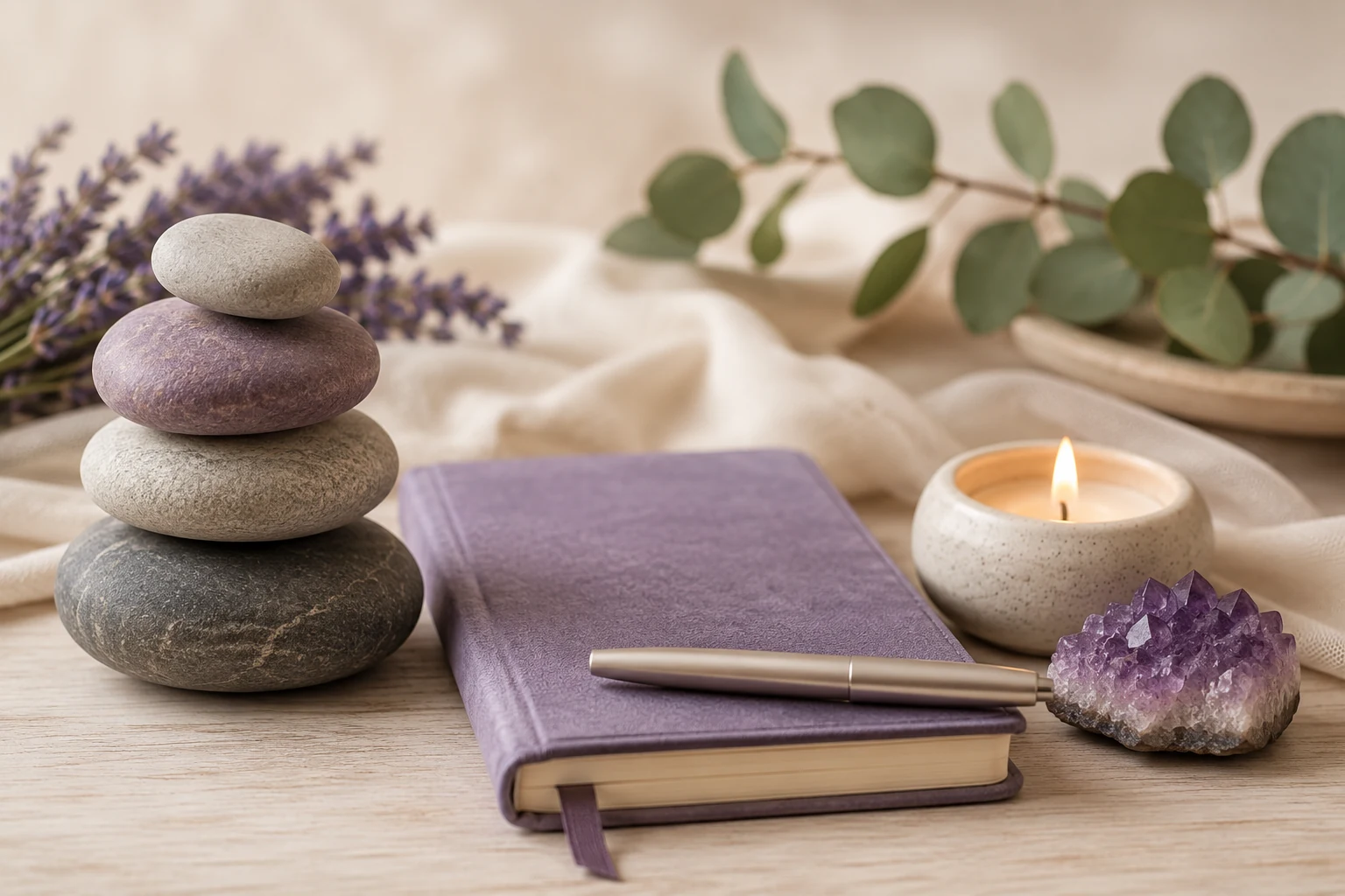 A grounding still life with stones, journal and candle