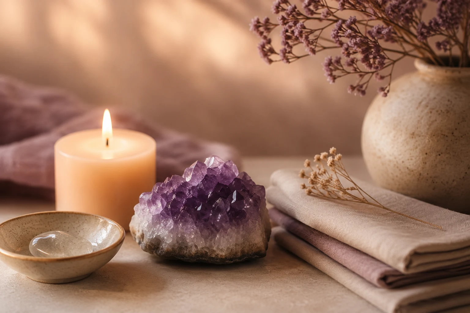 A calming Reiki still life with candle, crystals and soft linens
