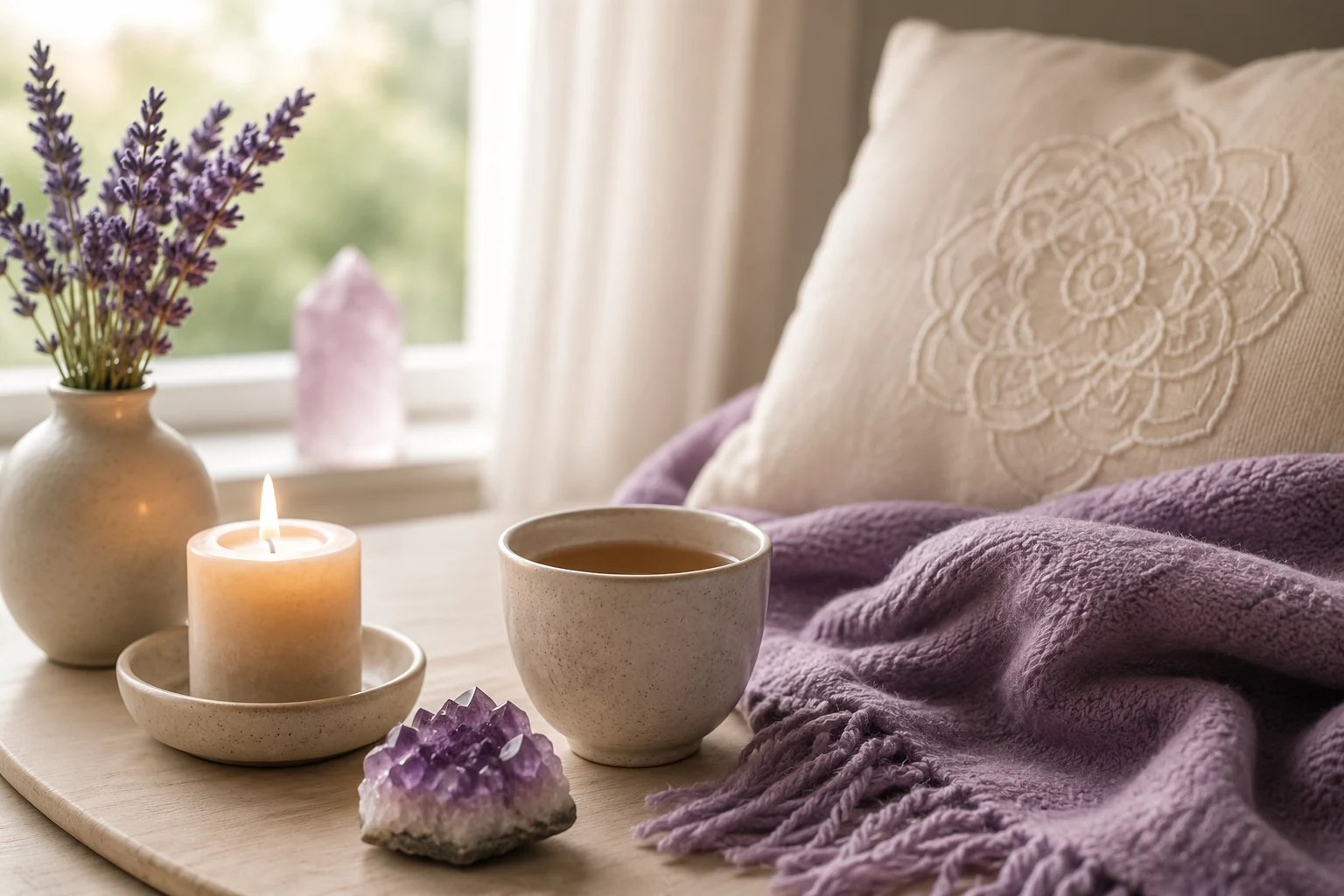 A cozy home Reiki still life with blanket, tea, candle and crystal