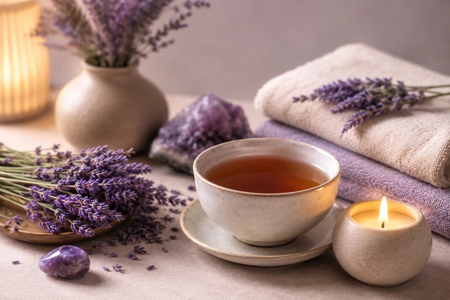 A relaxing still life with tea, candle and lavender