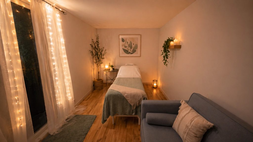 A softly lit private healing room with treatment couch and candles