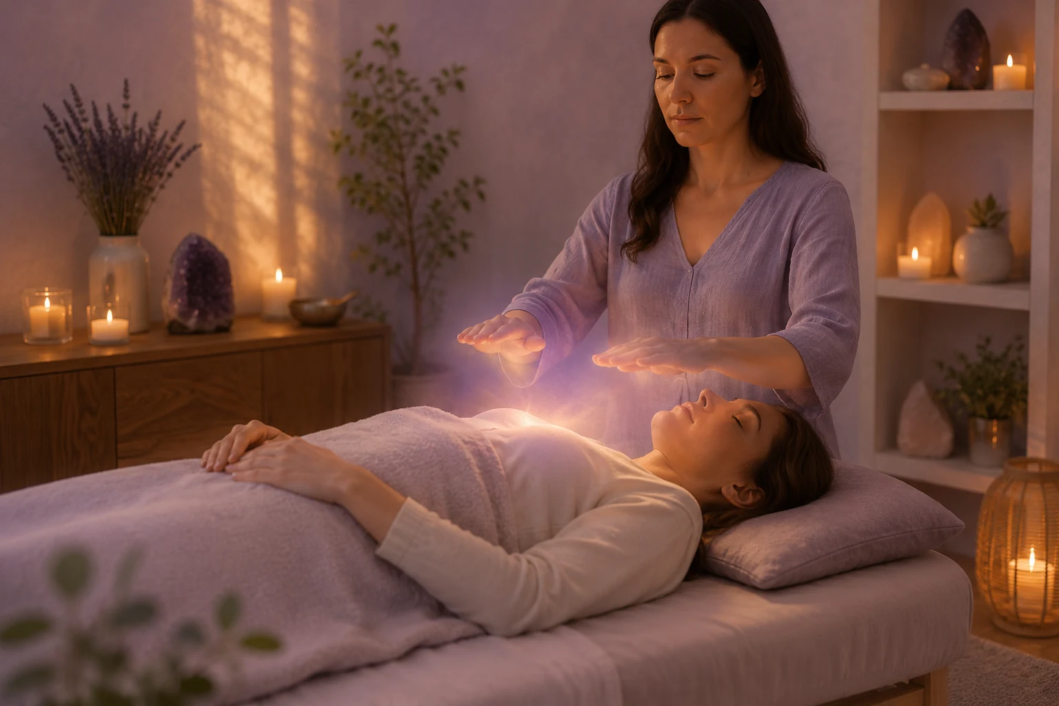 A calm softly lit Reiki treatment room with couch and candles