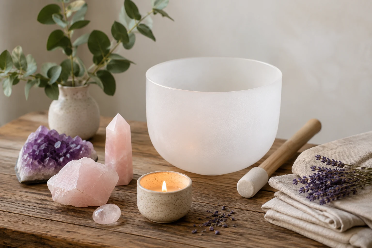 A serene still life with crystals, candle and wellness items