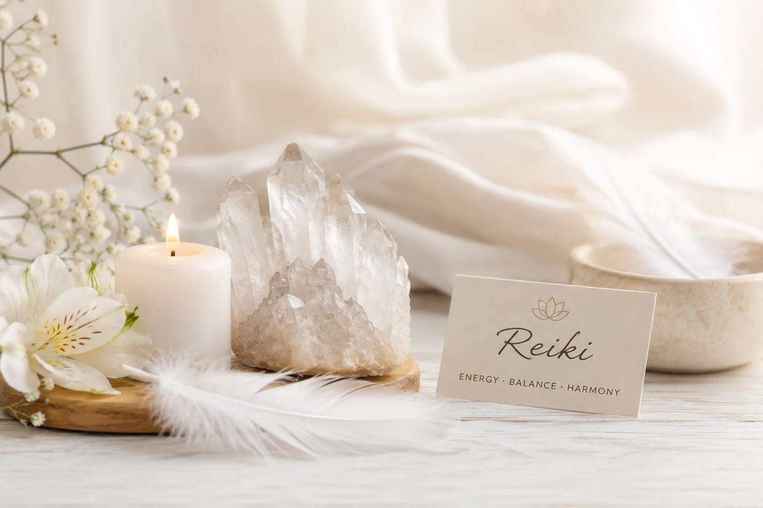 A serene wellness scene with crystals and candlelight