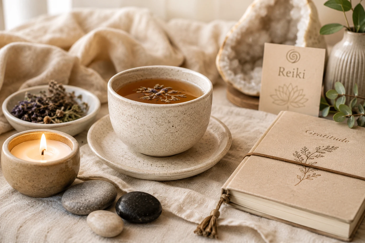 A calm tea and meditation setup with candlelight