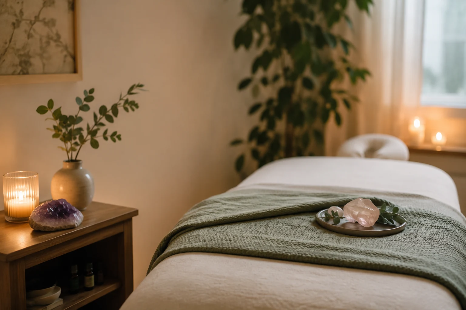 A tranquil treatment room with couch, soft blanket and candlelight