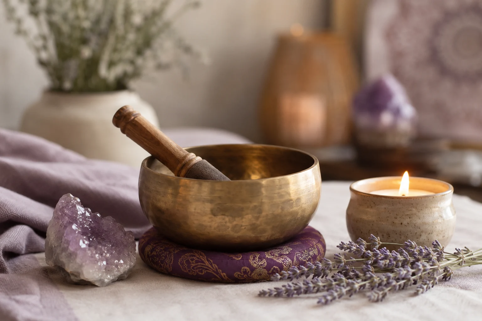 A candle and amethyst crystal arranged in a peaceful Reiki setting