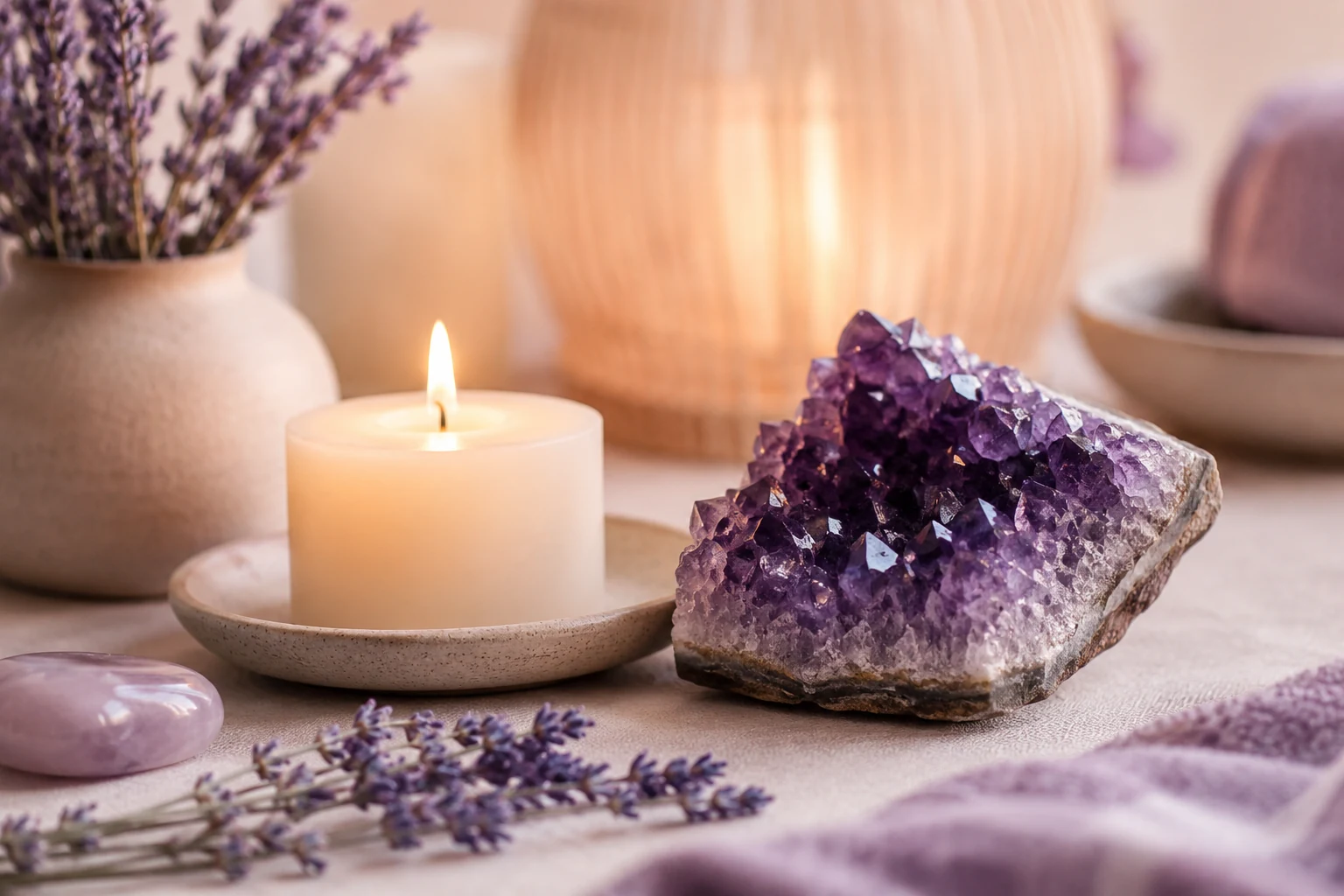 A singing bowl with candle and crystal in a peaceful Reiki setting