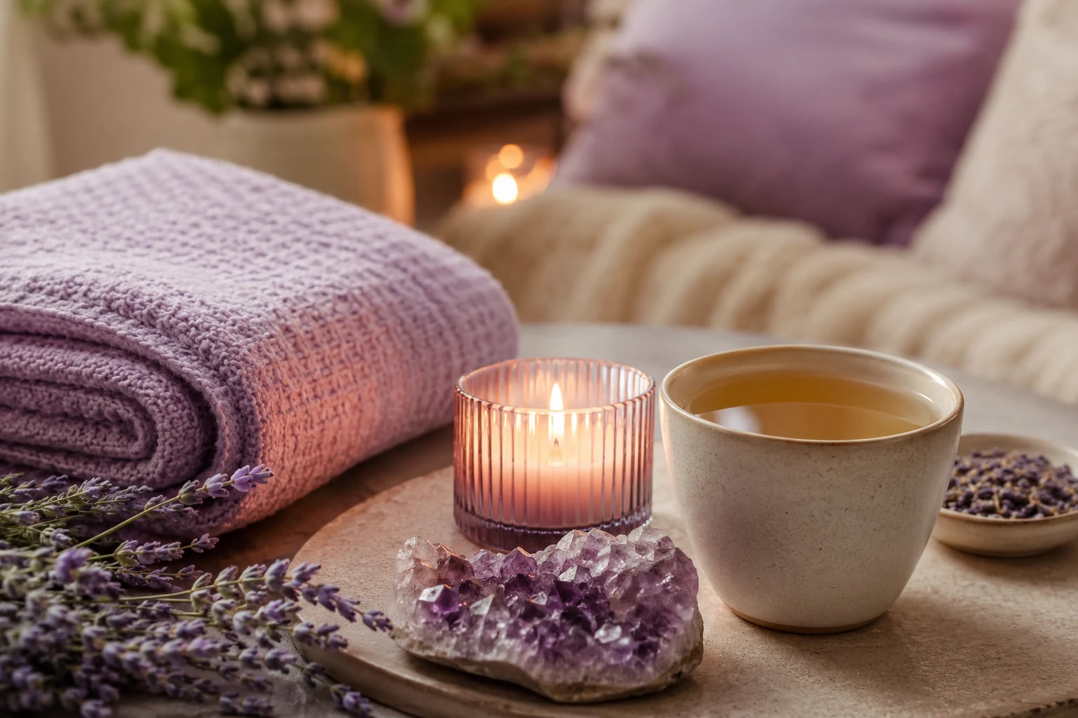 A calm remote healing setup with candle, tea and crystal